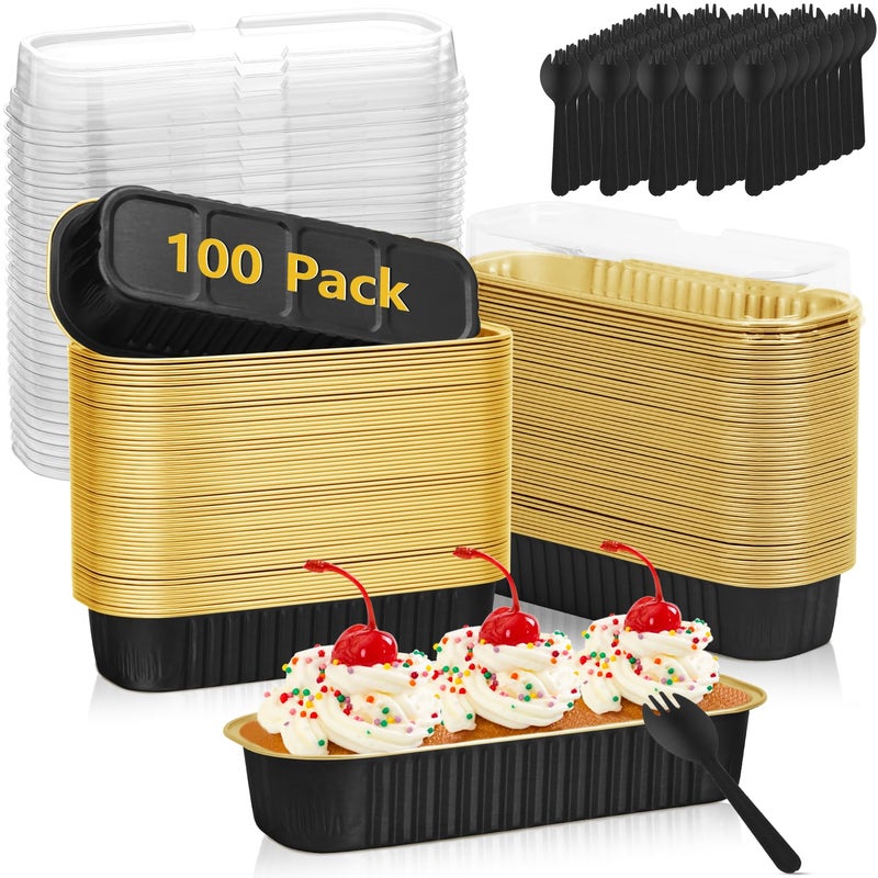Ruckae 100 Pack Mini Loaf Pan Mini Loaf Baking Pans with Lids and Spoons,Disposable Aluminum Foil Pans, Rectangle Tin Foil Pans with Lids for Home, Pary, Picnics (Black Gold) - Image 1